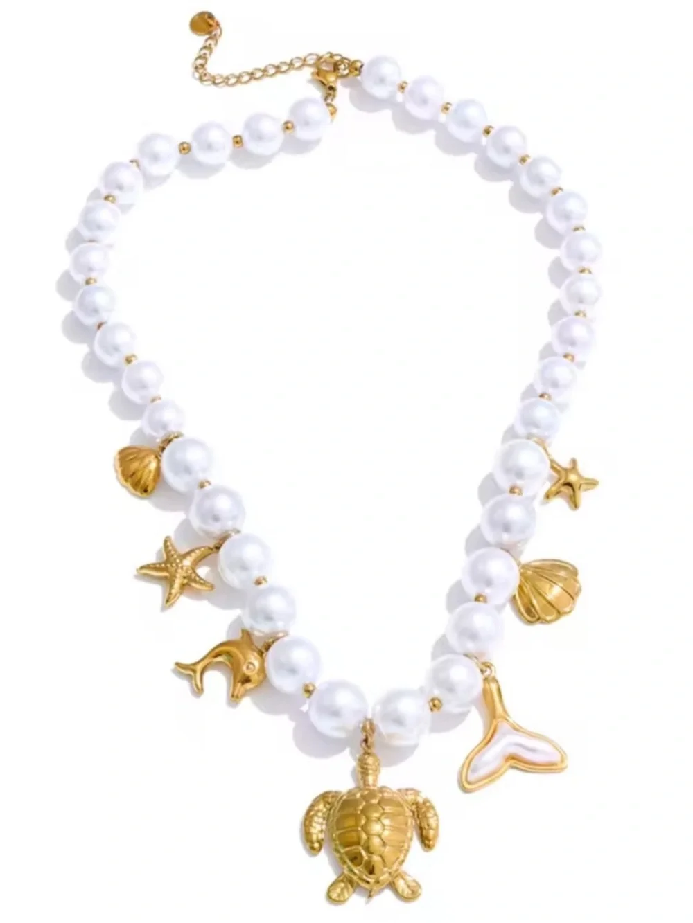 Gold Turtle Pearl Sea Life Charm Necklace